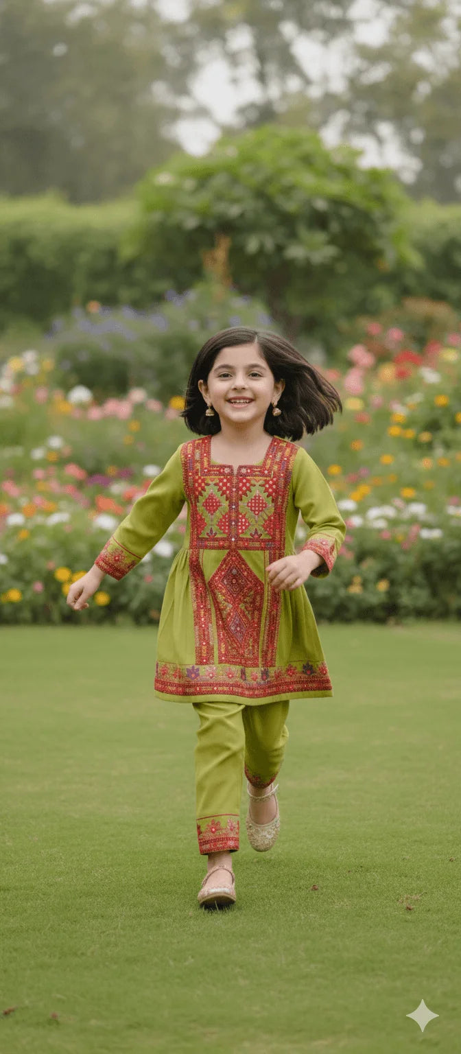 Kids' Balochi Embroidered Frock & Shalwar Set (2-Piece)