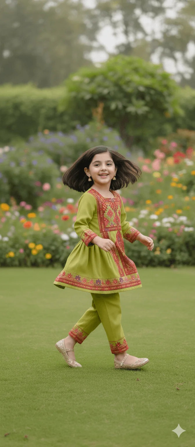 Kids' Balochi Embroidered Frock & Shalwar Set (2-Piece)
