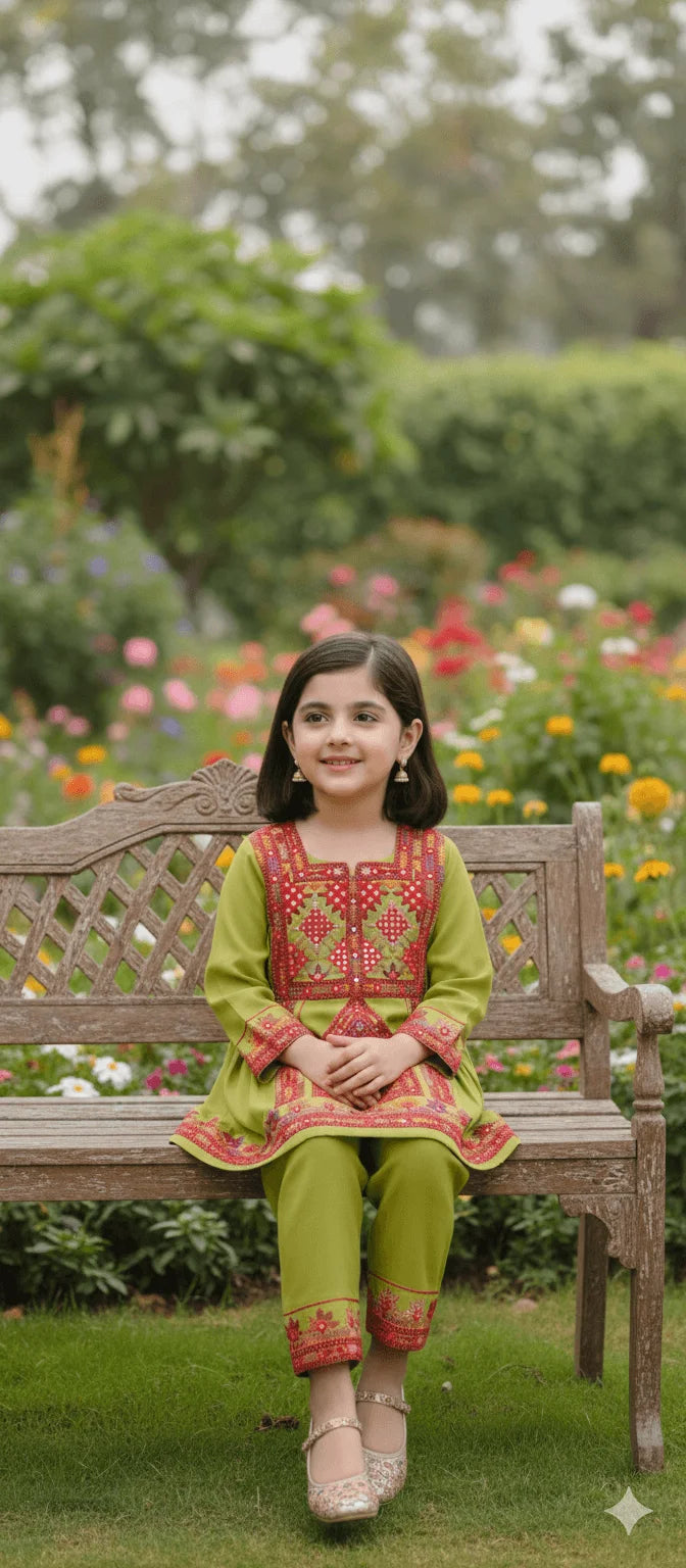 Kids' Balochi Embroidered Frock & Shalwar Set (2-Piece)