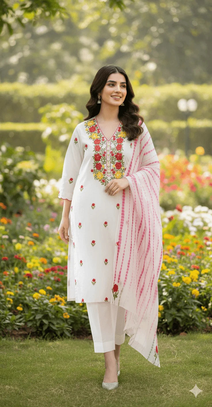 Ribbon Handwork Unstitched 3-Piece Suit