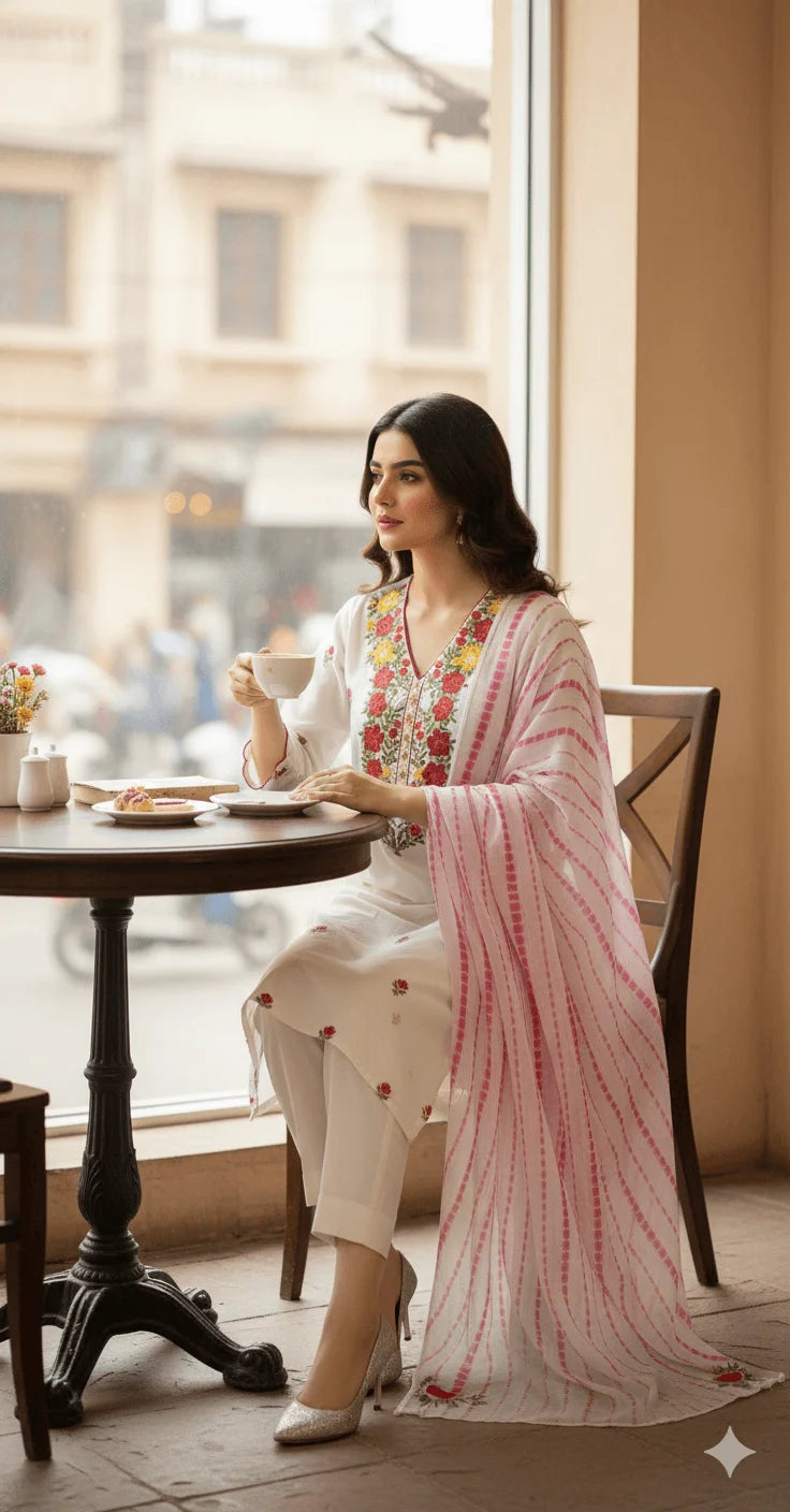 Ribbon Handwork Unstitched 3-Piece Suit