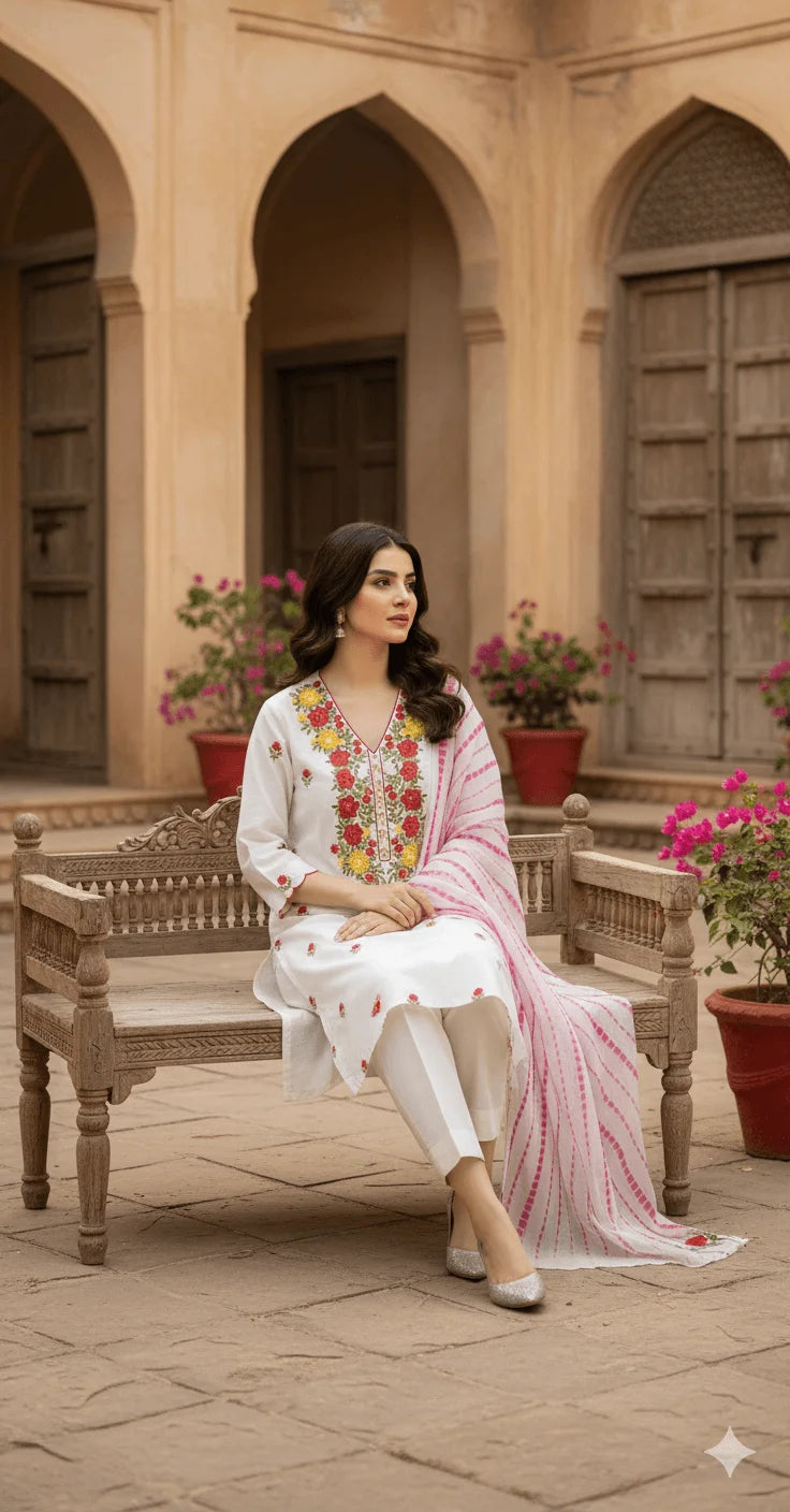 Ribbon Handwork Unstitched 3-Piece Suit