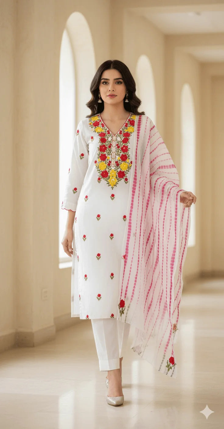 Ribbon Handwork Unstitched 3-Piece Suit