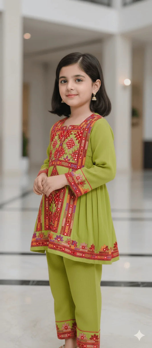 Kids' Balochi Embroidered Frock & Shalwar Set (2-Piece)
