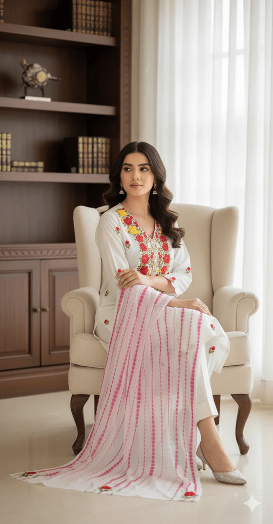 Ribbon Handwork Unstitched 3-Piece Suit